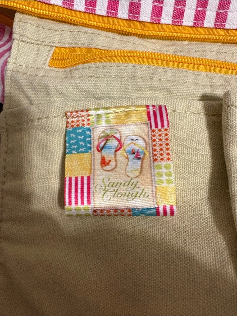Sandy Clough colorful flip-flop print canvas beach tote bag,  12 by 16 by 5”
